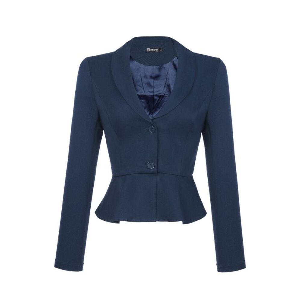 Short Blazer Lapel Long Sleeve Ruffle Hem Workwear Blazers Dark Blue